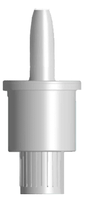 A white nasal spray nozzle and body, photographed against a plain background